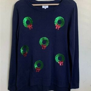 Crown & Ivy Navy Sweater with Green Wreaths